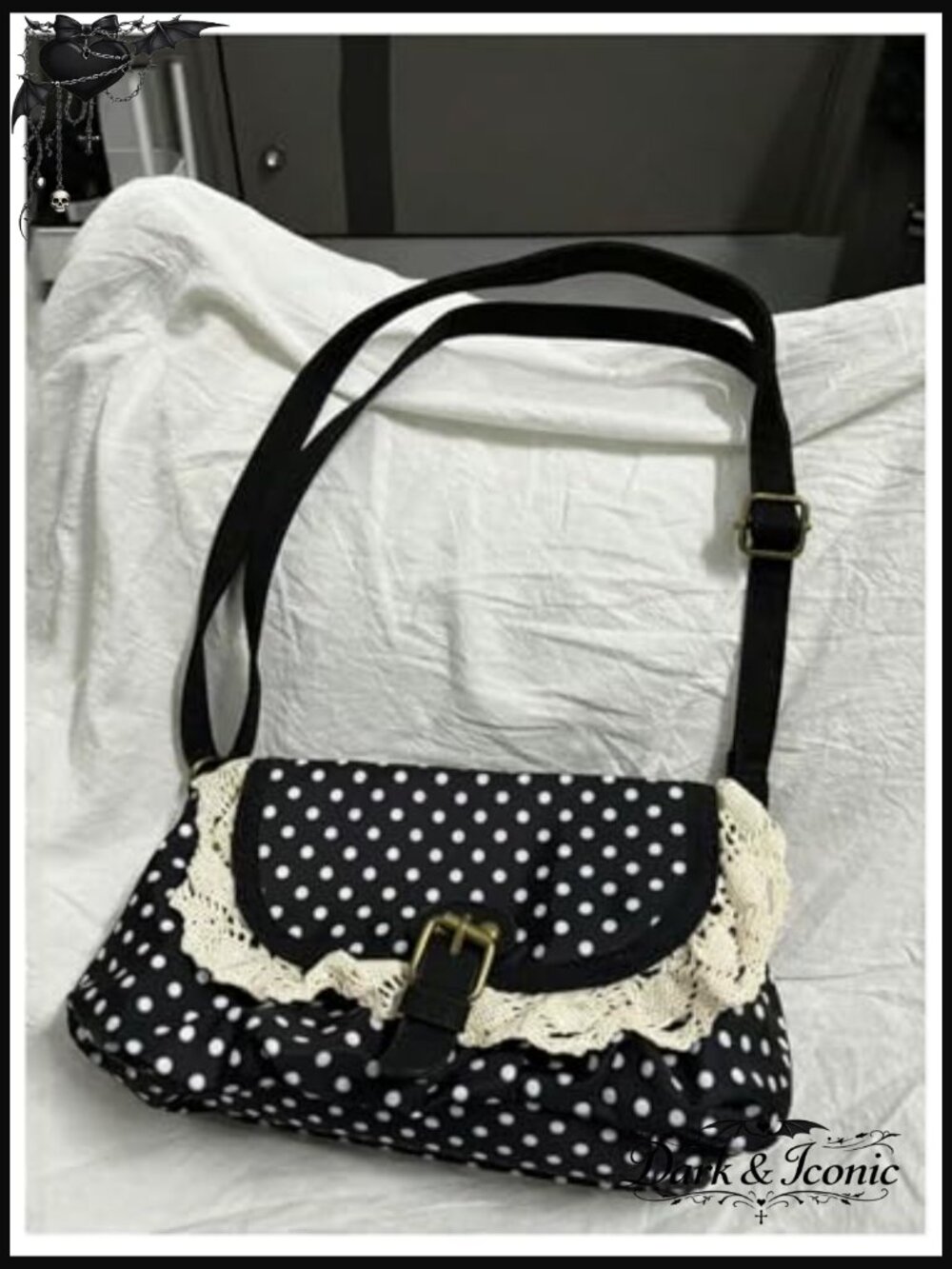 Polka Dots Crossbody Bag Lace Trim Adjustable Strap Flap Handbag Purse - Picture 3 of 5